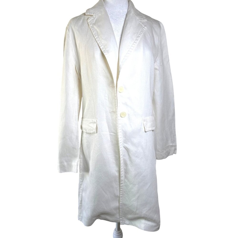 MNG Mango Linen Blend Jacket Long Blazer‎ White Size 10 Trendy Overcoat